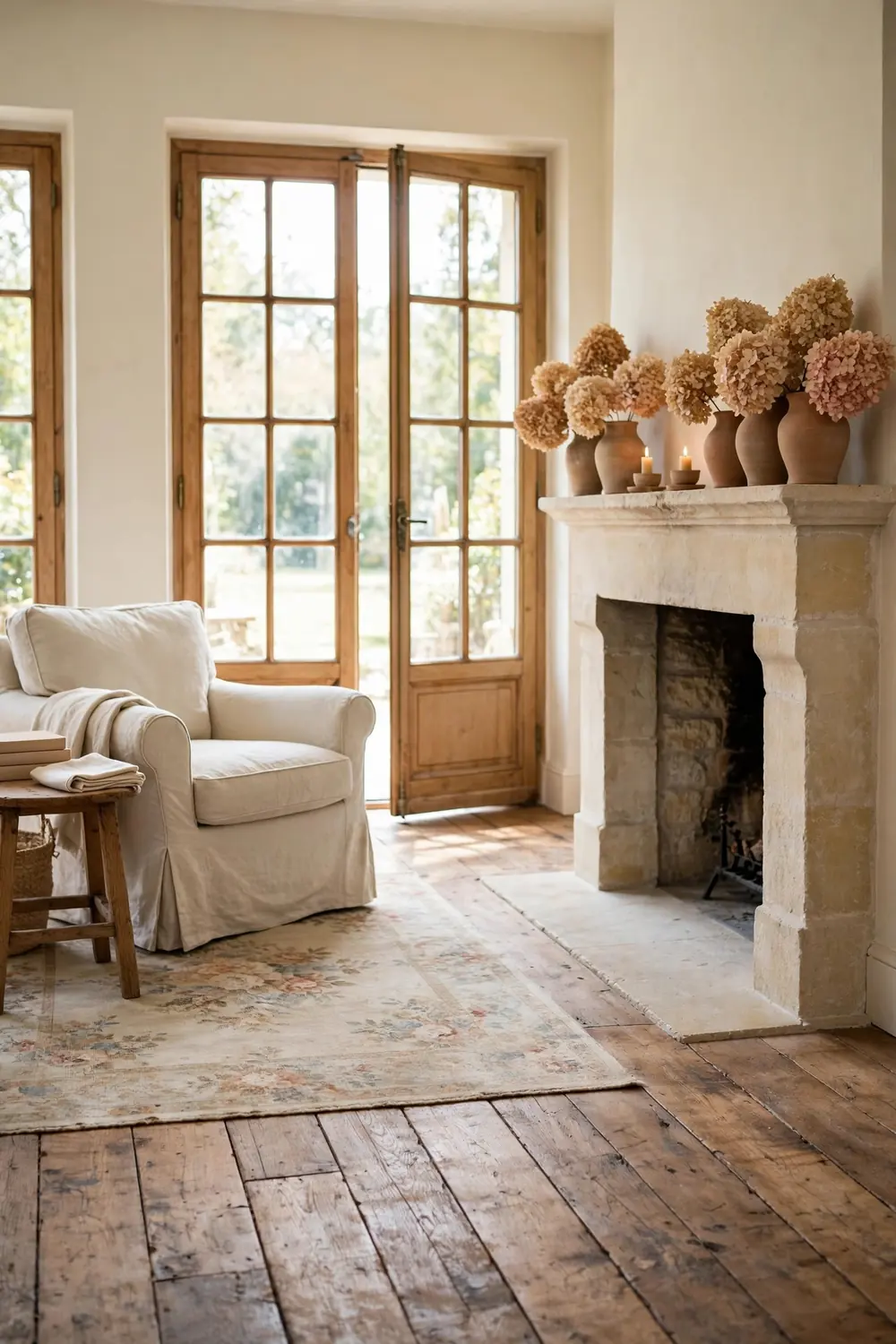 Dried hydrangea heads in soft beige and blush tones in simple ceramic vases along a French country limestone fireplace mantel