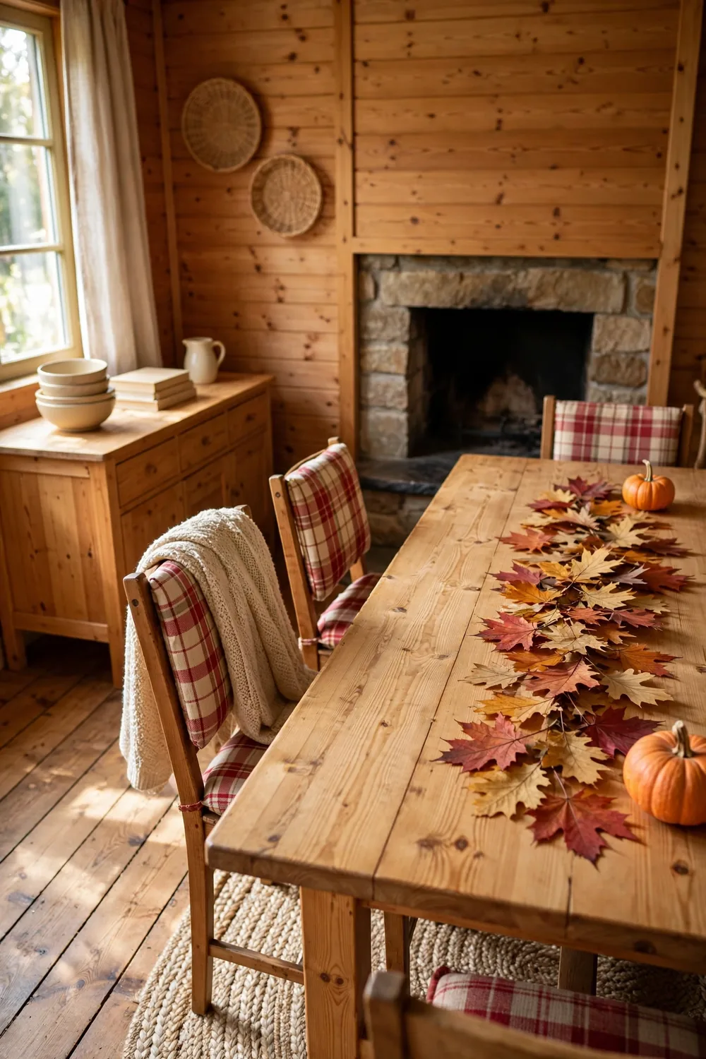 Loose garland of pressed red maple and golden oak leaves running down the center of a wood dining table with small pumpkins at each end