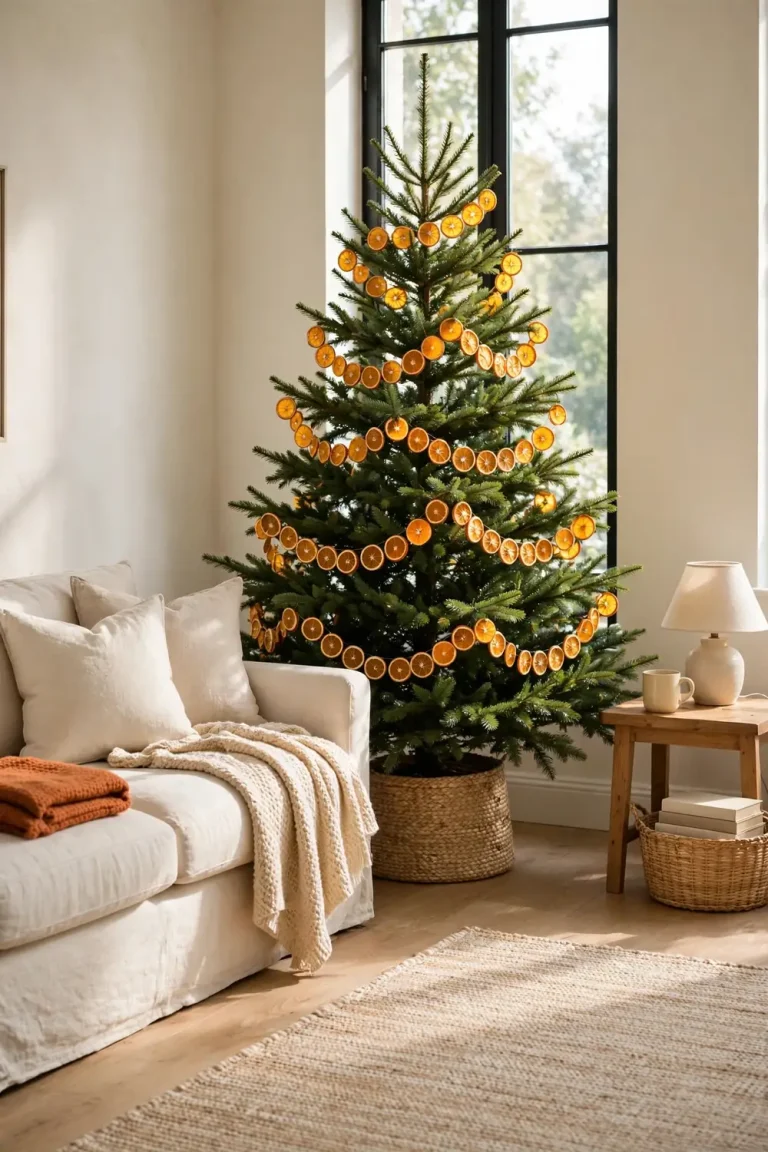 A Christmas tree decorated with a handmade dried orange slice garland glowing in daylight