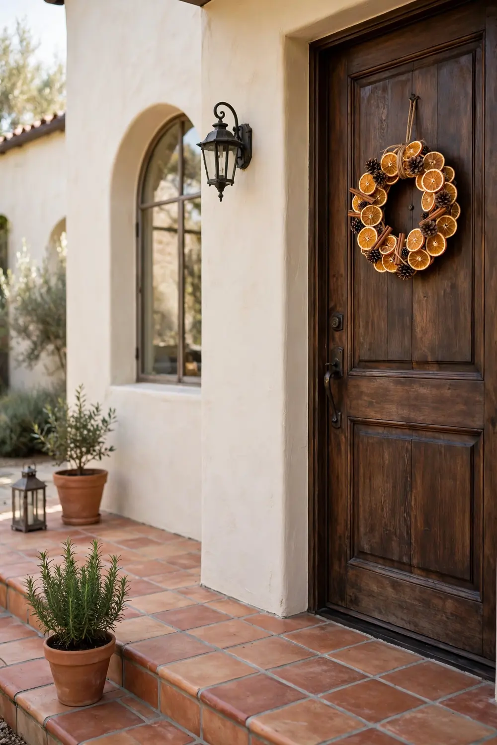 Mediterranean stucco home with a dark wooden door and a dried orange slice wreath with pinecones