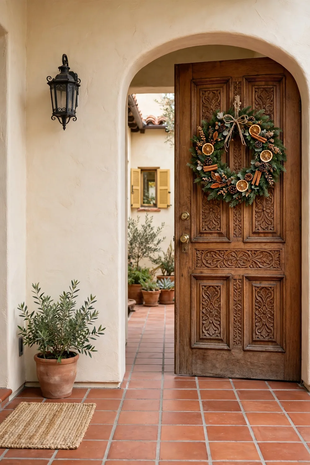 An evergreen wreath decorated with dried orange slices and cinnamon sticks on a carved wood door