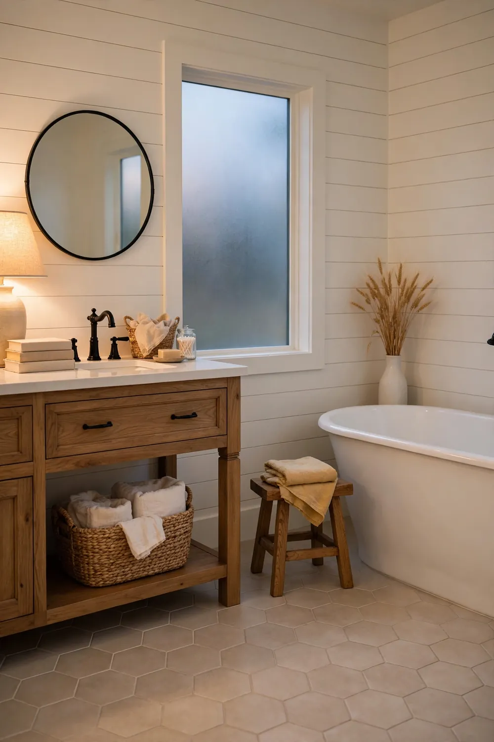 Farmhouse bathroom with a tall vase of golden dried wheat standing in the corner by the tub