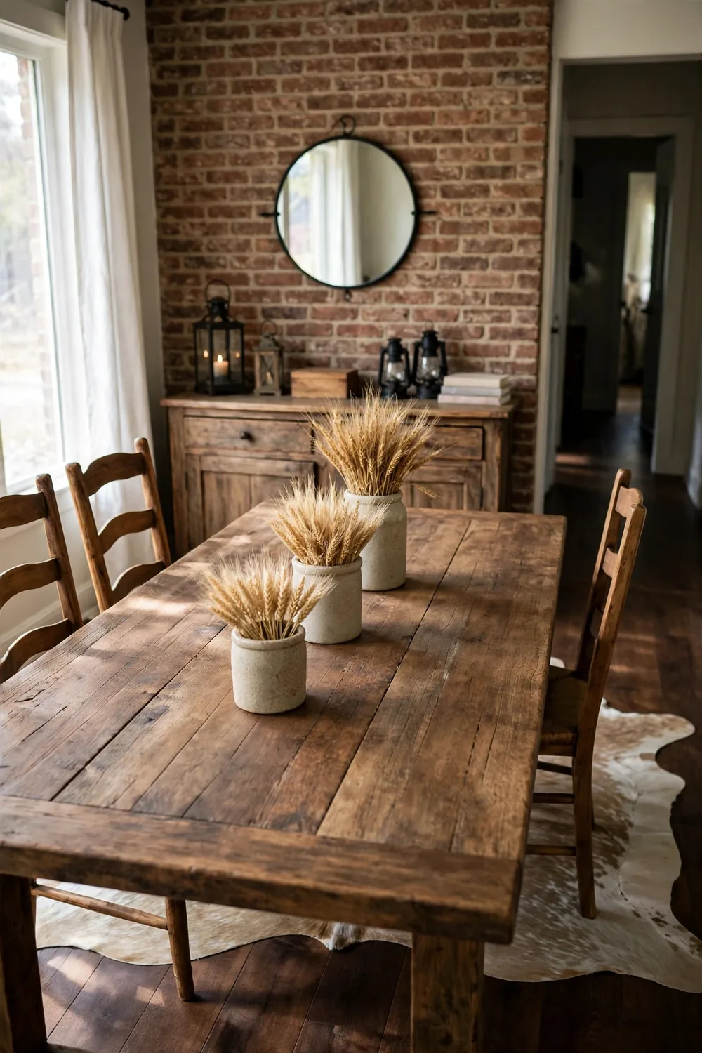 Dried wheat bundles standing upright at different heights in small stoneware crocks down the center of a rustic dining table