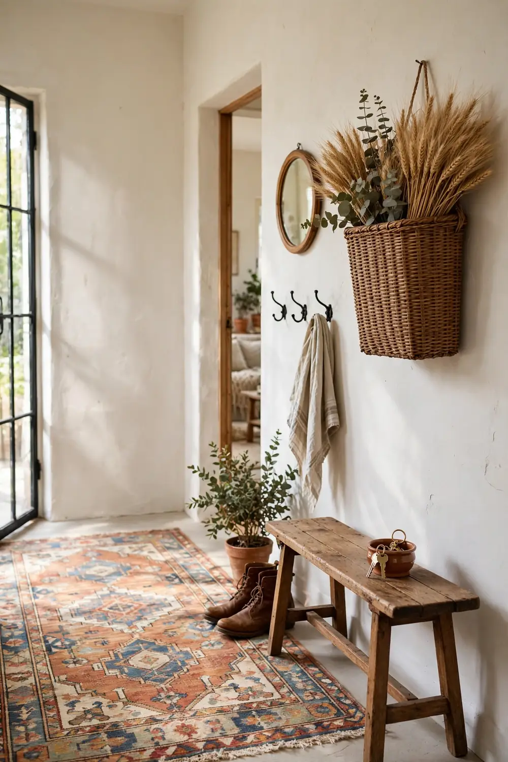 Flat woven basket filled with dried wheat hanging on a colorful entryway wall