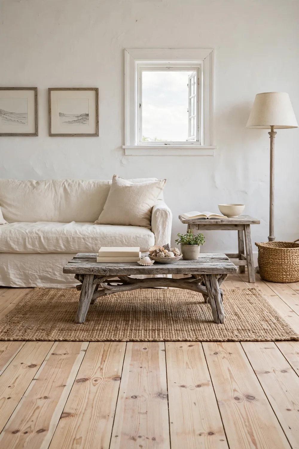 Rustic beach cottage living room with a weathered driftwood coffee table styled with books, a shell bowl, and a low plant