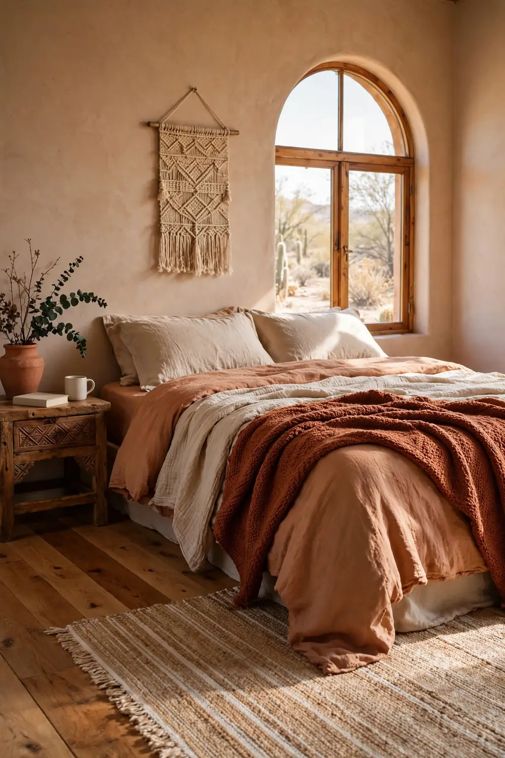 Bed layered with clay sheets, sand duvet, and rust throw in mixed linen and knit textures