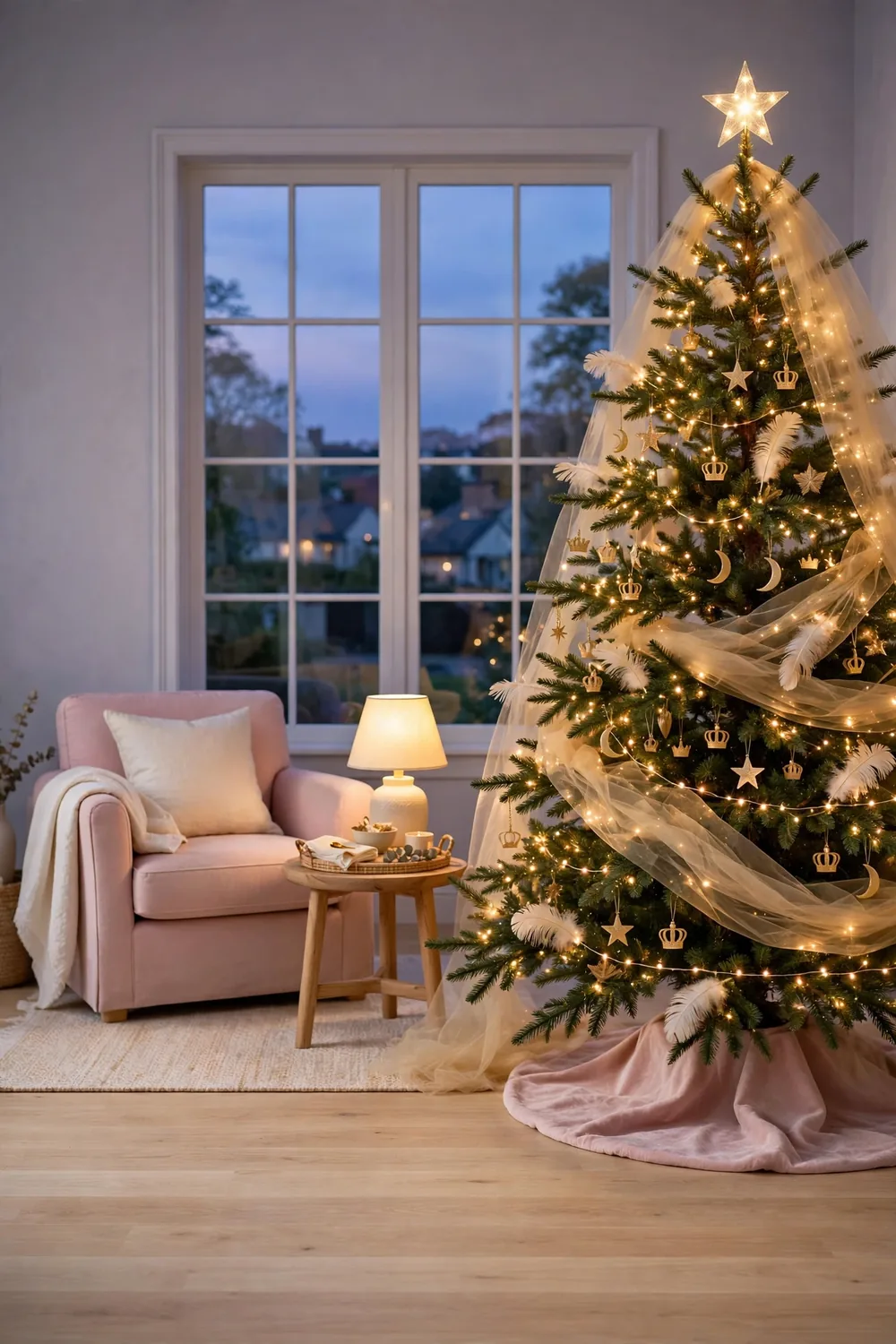 A fairy tale Christmas tree with tiny fairy lights, star and moon ornaments, and gold tulle in a dreamy living room at dusk