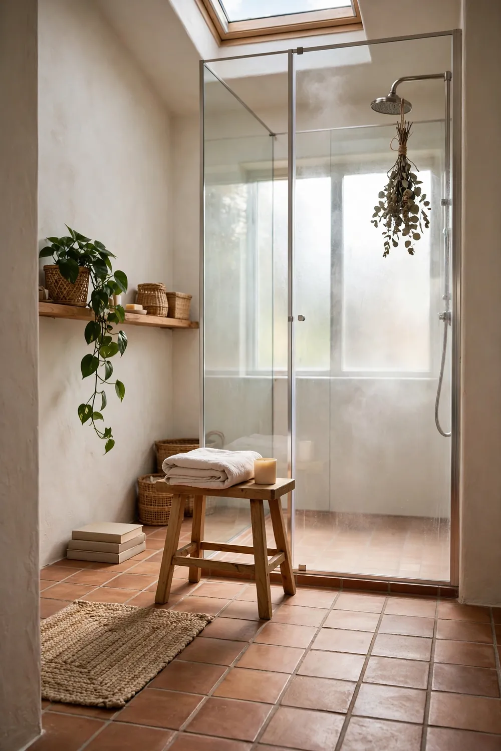 Boho bathroom with a dried eucalyptus bundle tied to the showerhead inside a glass walk-in shower