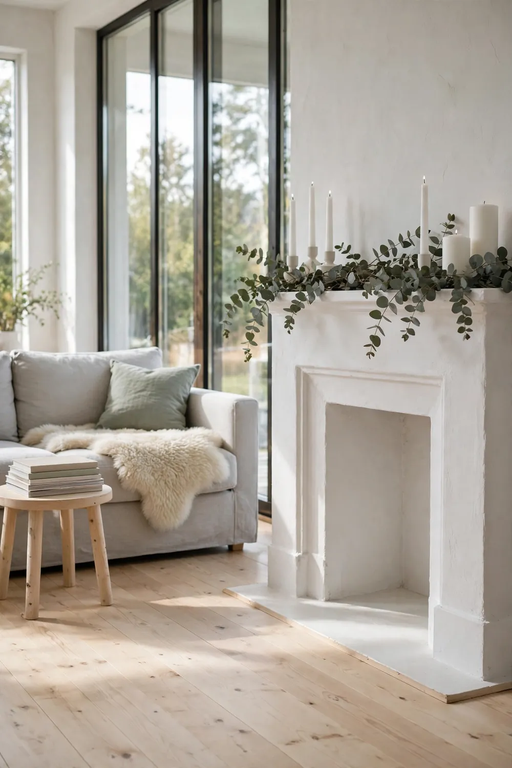Fresh eucalyptus stems laid along a white mantel with unscented white taper and pillar candles in a bright Scandinavian living room