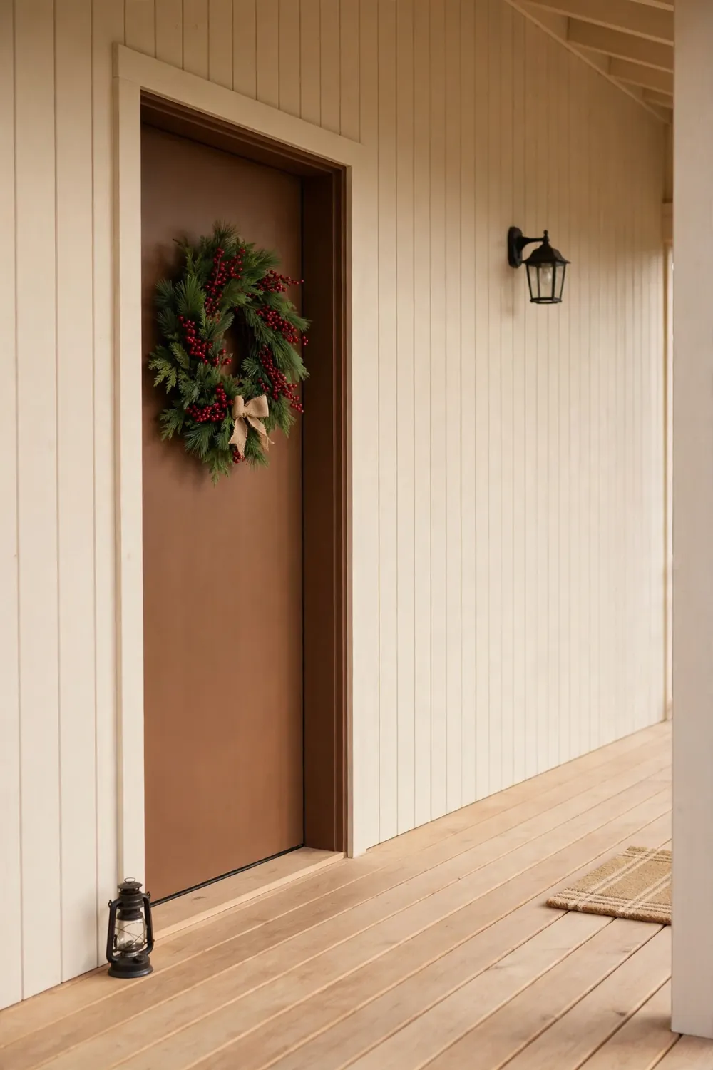 Mountain lodge entry with a brown front door and an evergreen wreath with red fall berries
