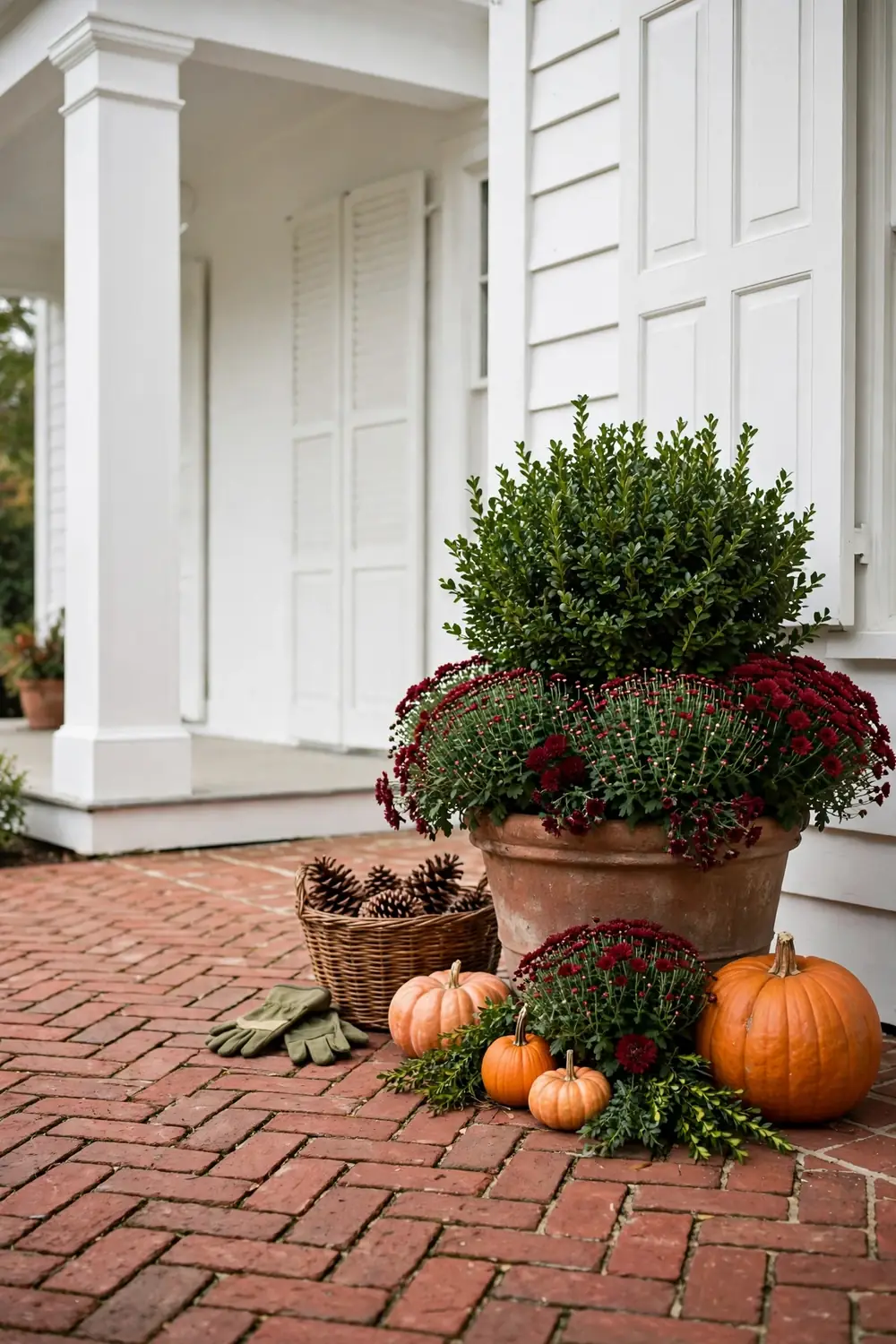 Pot with boxwood evergreen base, mums, and pumpkins on a white colonial porch, ready to transition into winter.