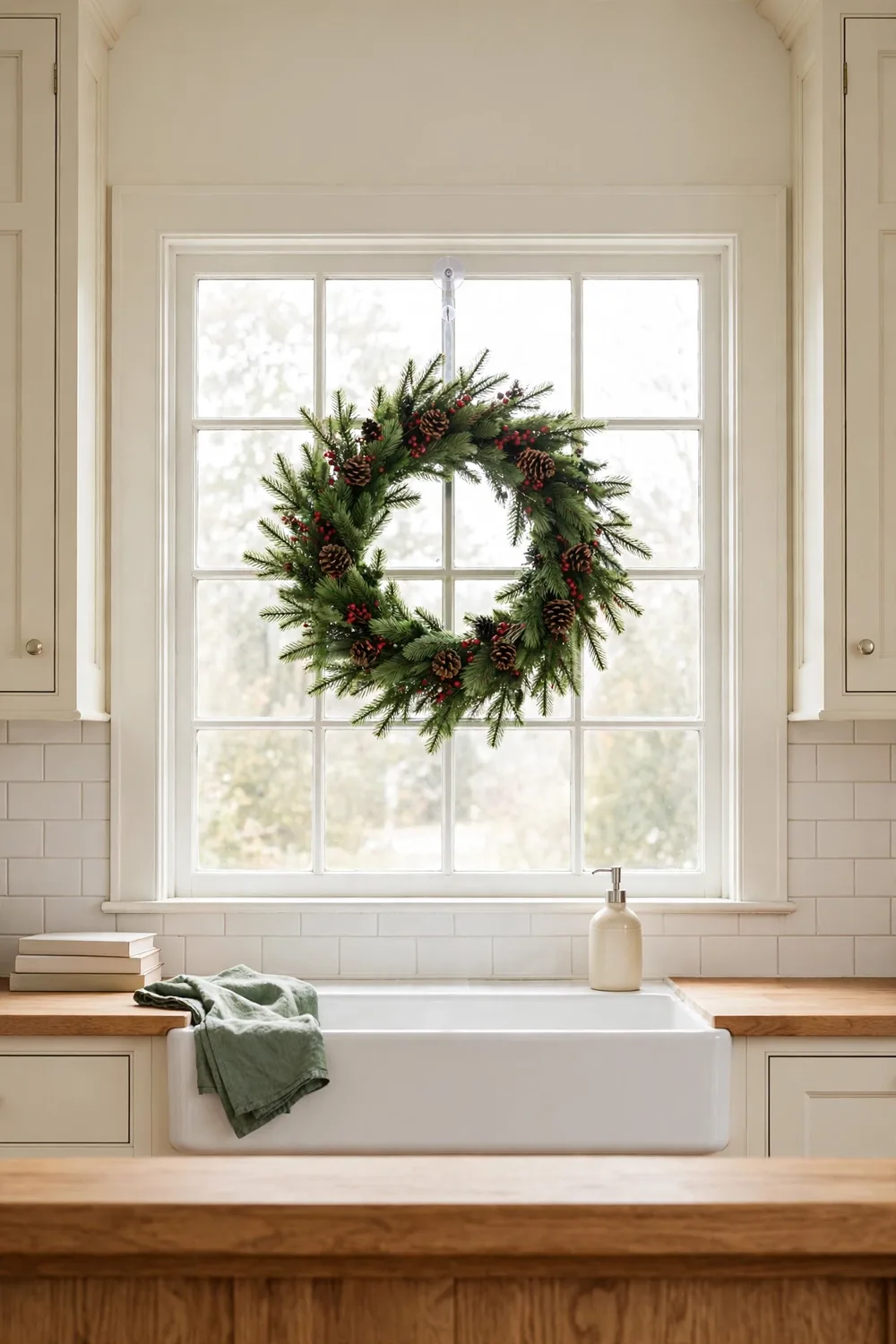 Fresh evergreen wreath with pinecones and red berries hanging on a suction hook in a kitchen window over the sink