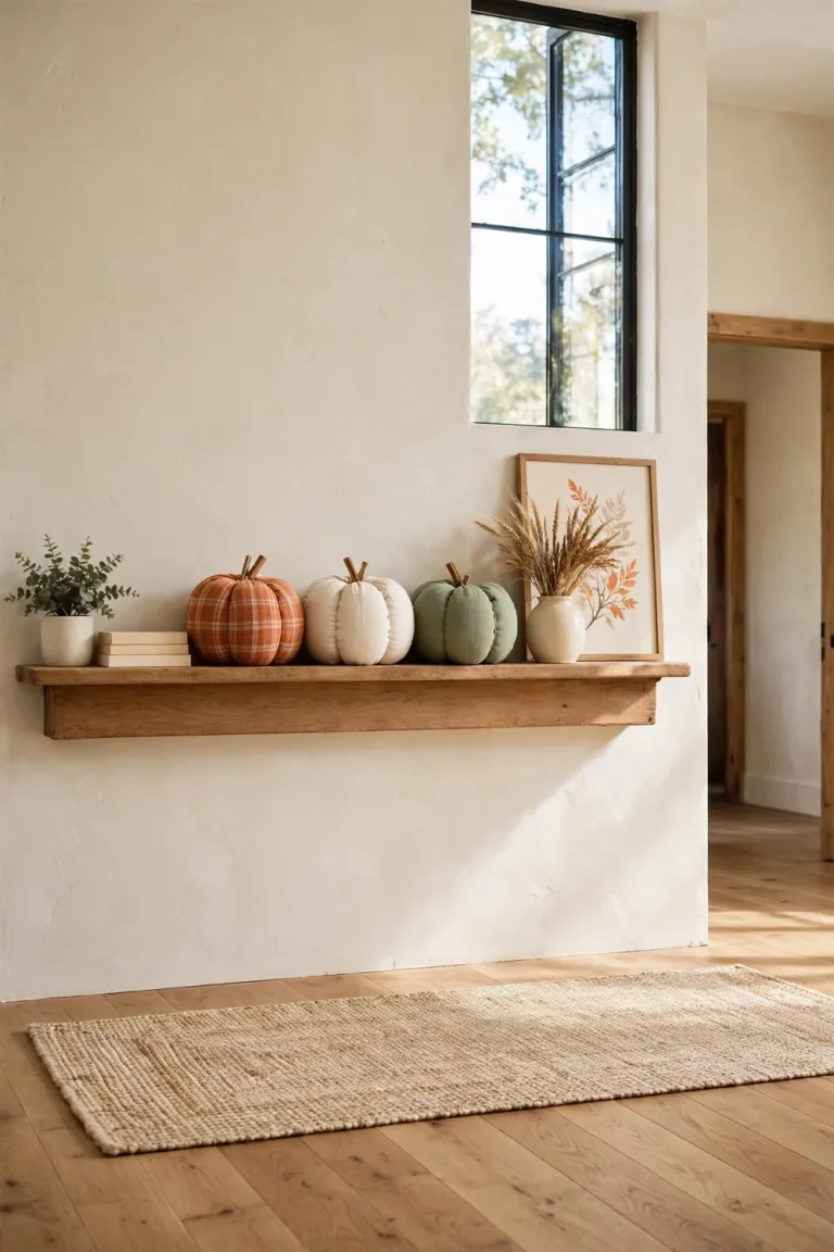 Handmade fabric pumpkins in orange, cream, and sage styled on a fall living room mantel