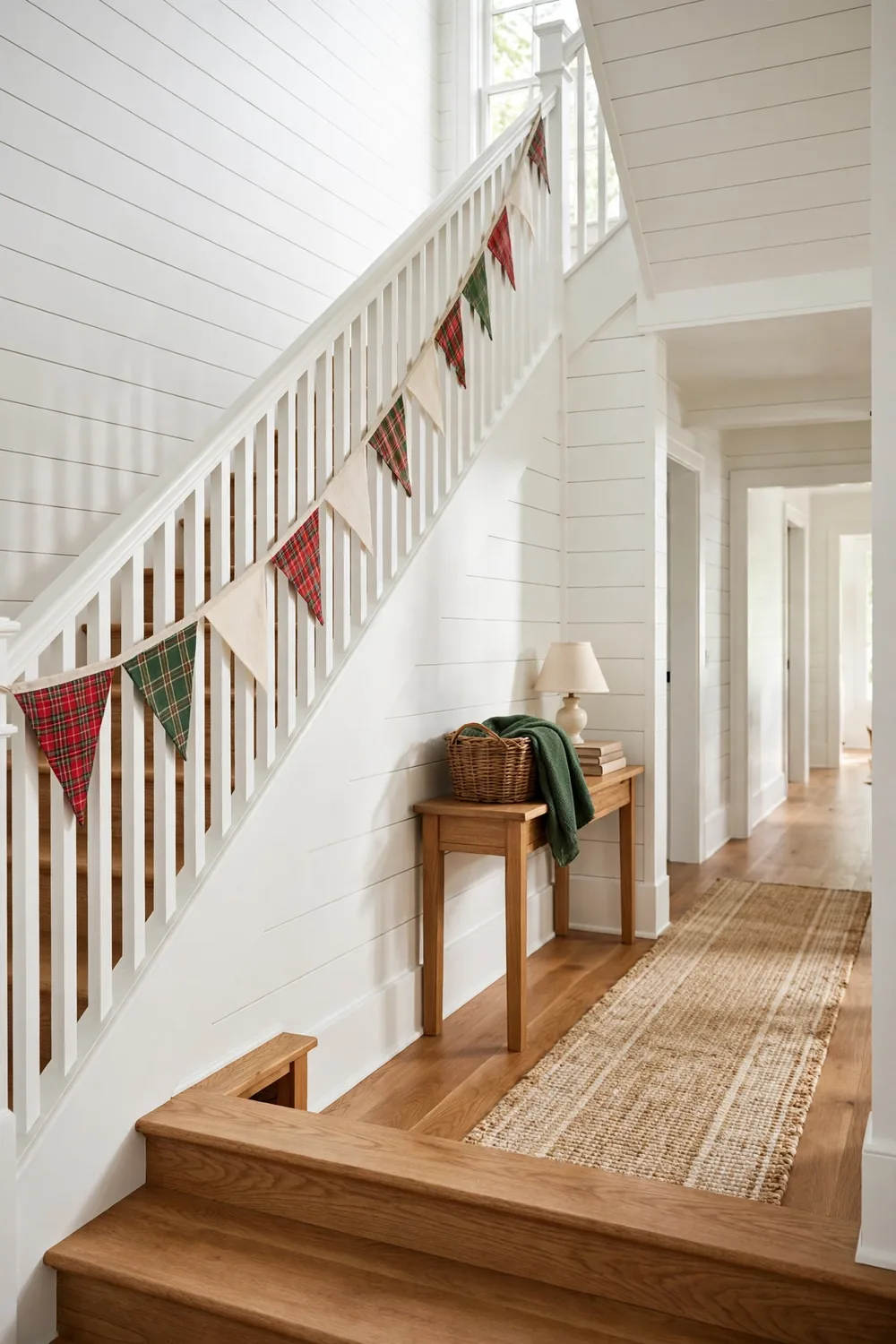 Fabric scrap bunting in red and green plaids strung along a farmhouse staircase railing