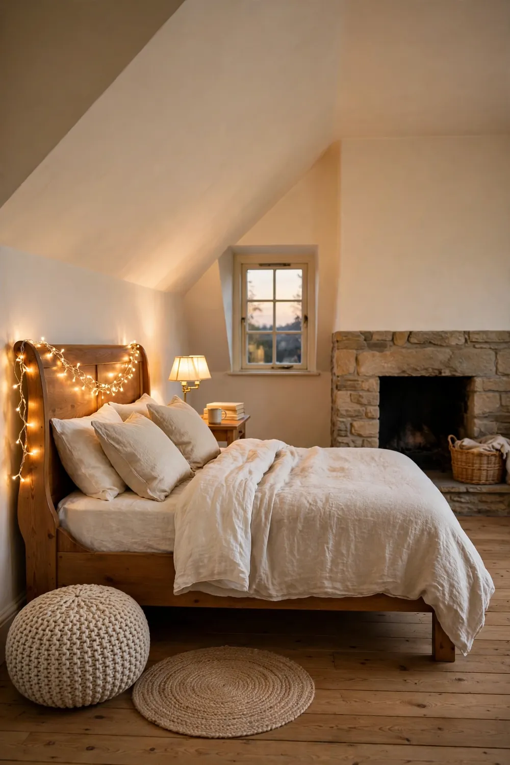 Warm white fairy lights draped in a swag along a wooden headboard at dusk