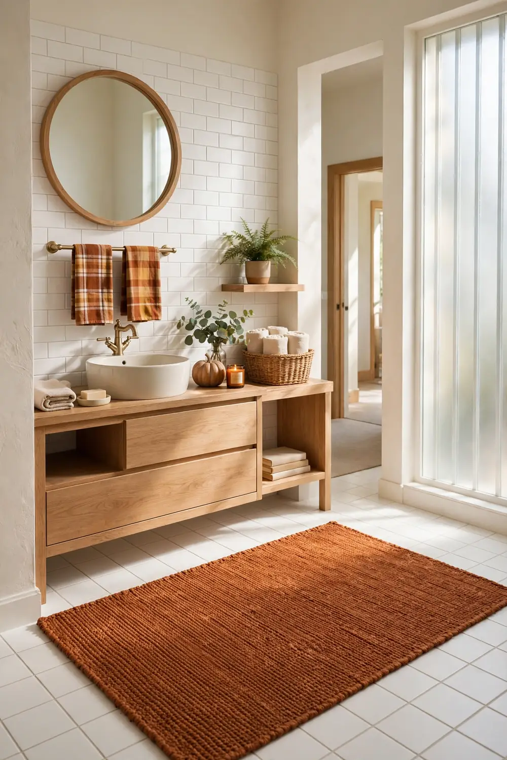 Bright modern bathroom decorated for fall with plaid towels, a pumpkin, an amber candle, and eucalyptus on the vanity
