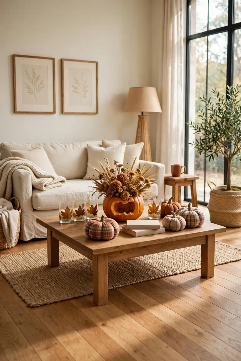 Bright living room coffee table styled with fall crafts for adults including a pumpkin centerpiece, pressed-leaf candle holders, and fabric pumpkins