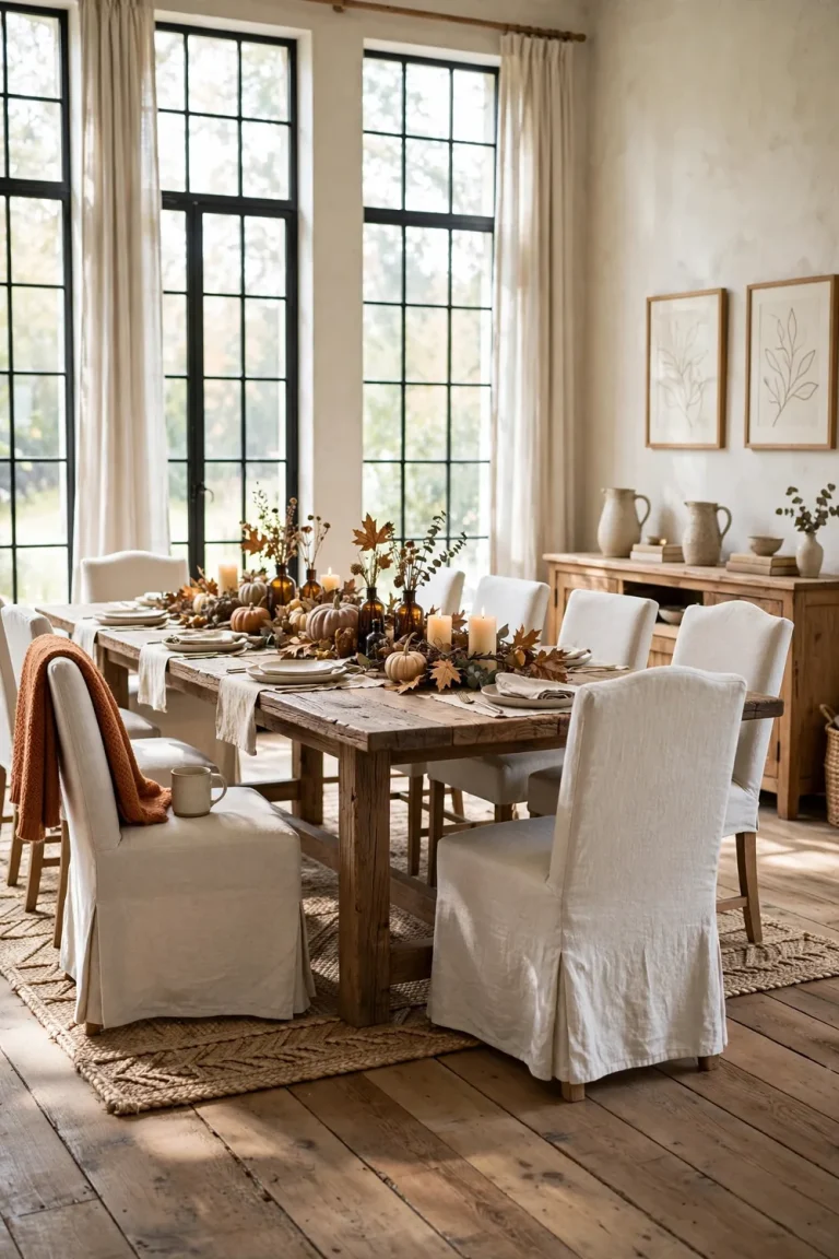 Wide view of a farmhouse dining room with a long oak table styled with pumpkins, candles, and fall leaves down the center