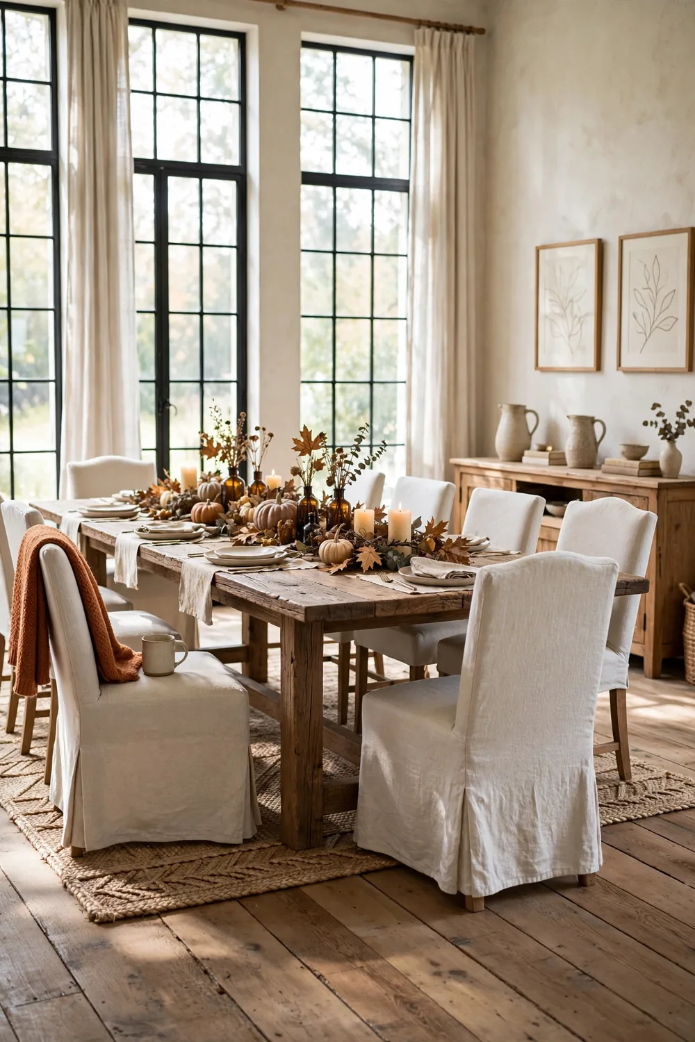Wide view of a farmhouse dining room with a long oak table styled with pumpkins, candles, and fall leaves down the center