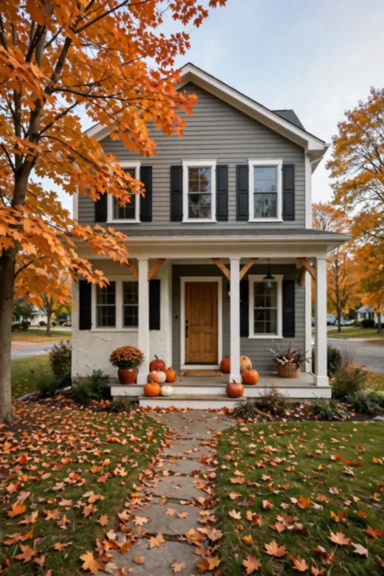 Two-story suburban home with gray siding and white trim on a bright fall day, maple tree with orange leaves and tidy front lawn
