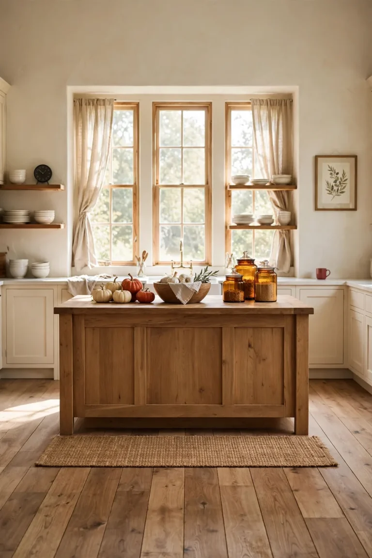 Wide view of a warm farmhouse kitchen styled with fall decor in rust and cream, with pumpkins on the island and amber glass on the windowsill