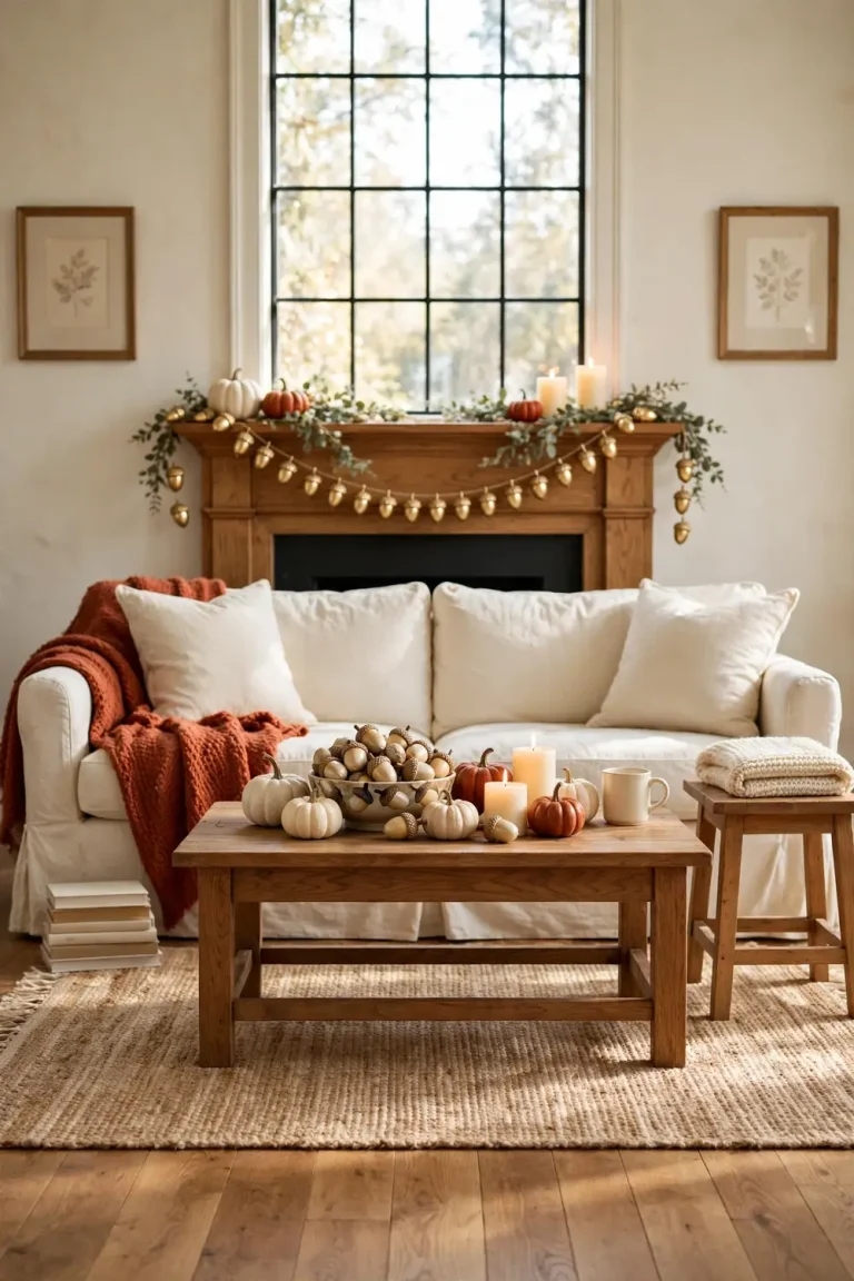 Cream farmhouse living room mantel decorated with a gold-dipped acorn garland, glowing candles, small pumpkins, and a bowl of painted acorns on the coffee table