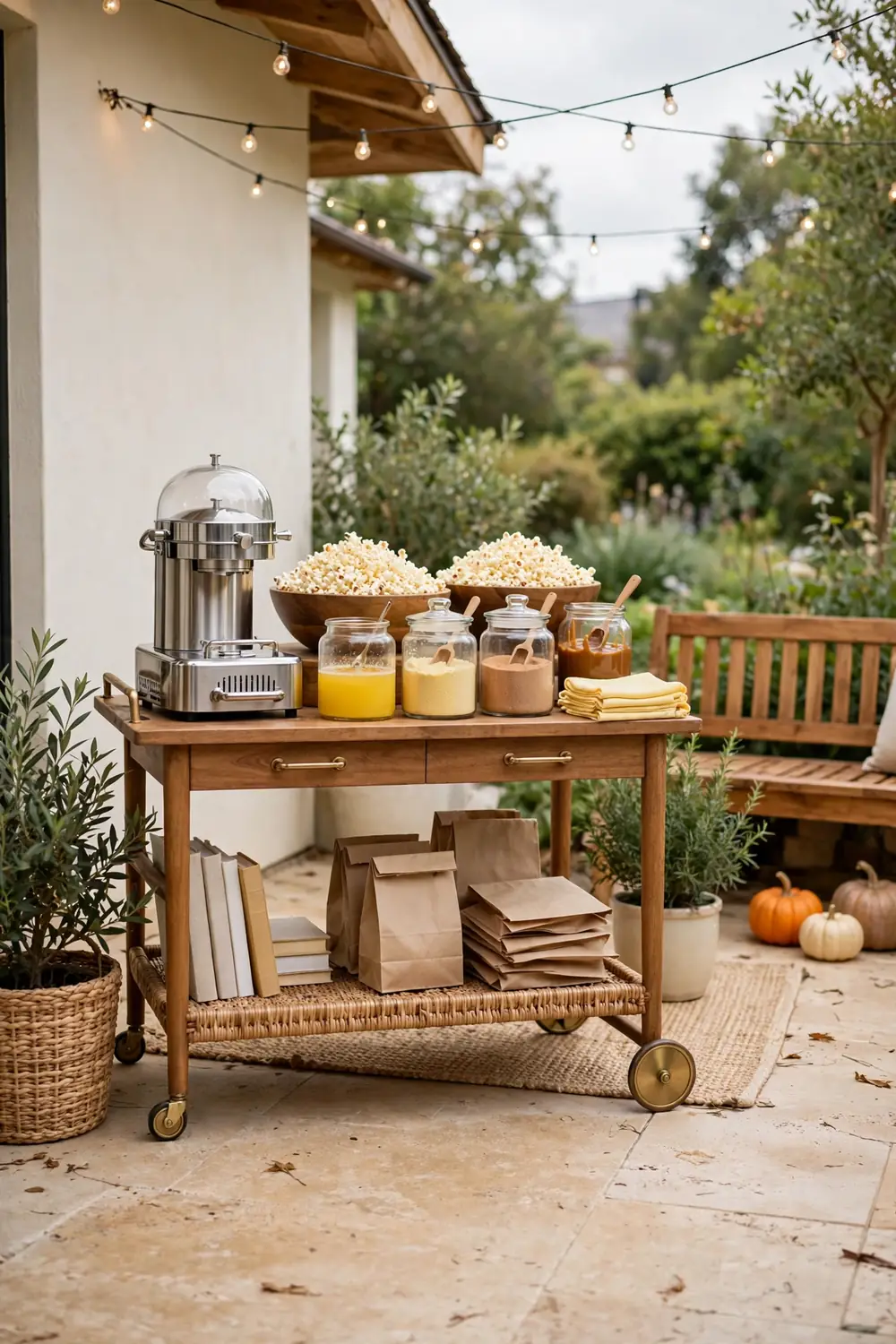 Patio bar cart styled as a popcorn bar with big bowls of popcorn, jars of melted butter, cheese powder, cinnamon sugar, and caramel drizzle.
