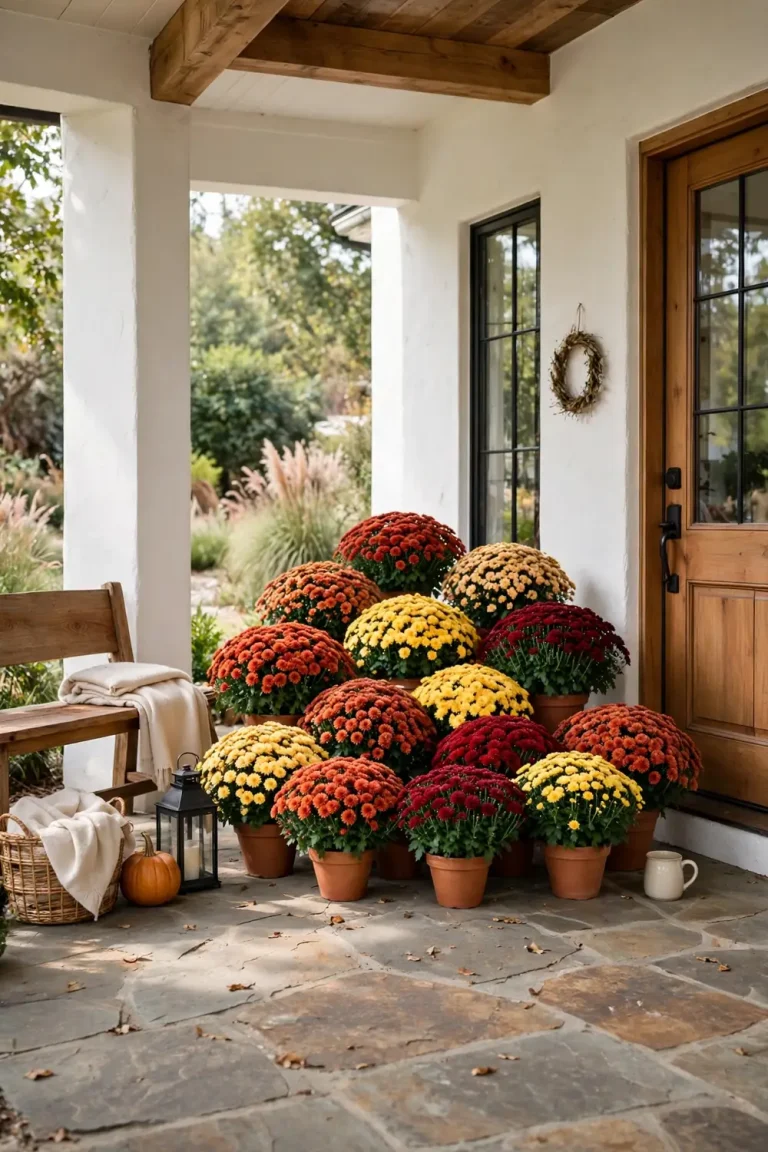 White farmhouse front porch decorated with terracotta pots of colorful fall mums