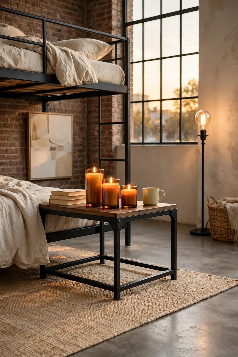 Three amber glass candles of varied heights glowing on a loft nightstand