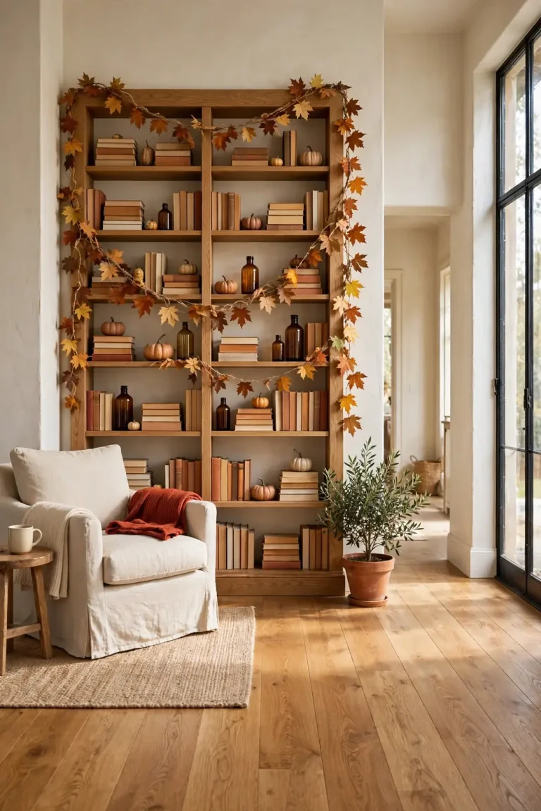 A white farmhouse living room with a full bookcase wall styled for fall, holding mini pumpkins, stacked books, amber glass bottles, and a draped maple leaf garland in soft daylight.