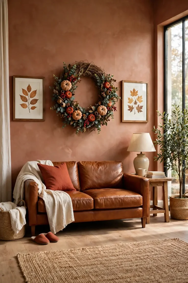 Living room wall with a large fall wreath between two framed autumn prints above a leather sofa