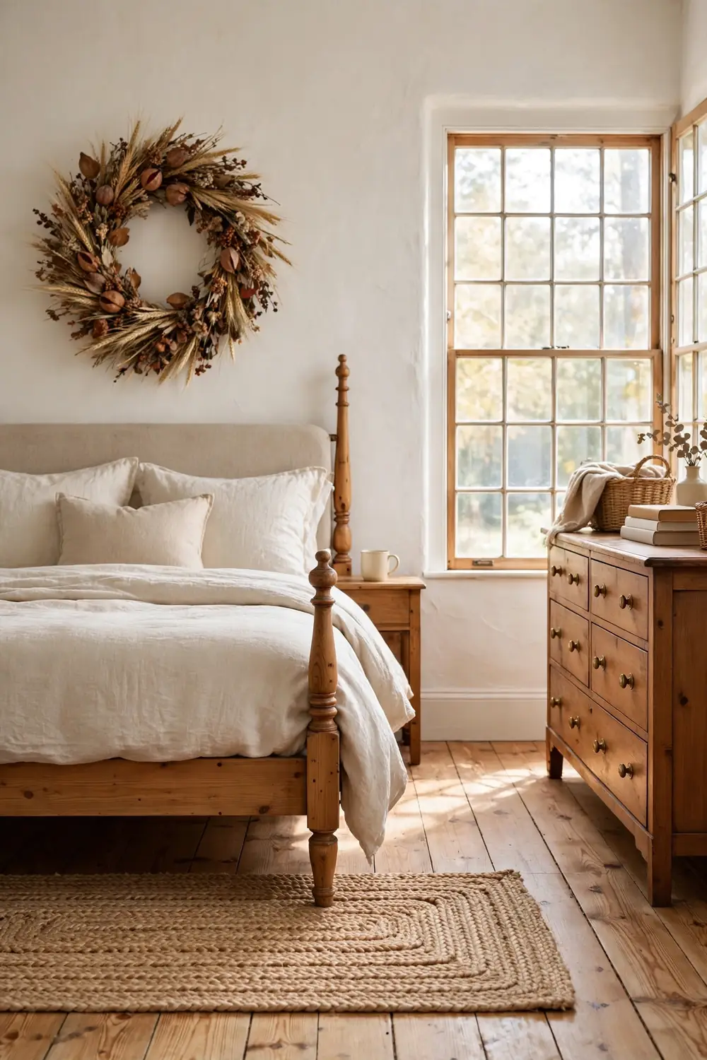 Dried fall wreath of wheat and berries hung centered above a headboard