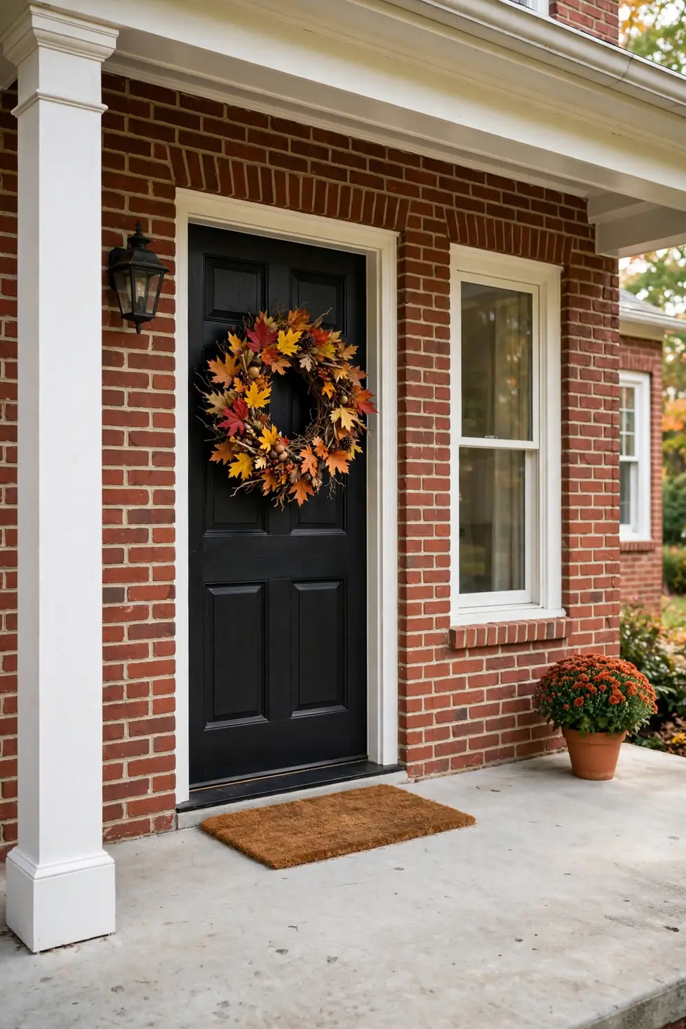 Classic red brick colonial home with a black front door decorated with a full autumn leaf wreath in red, orange, and gold