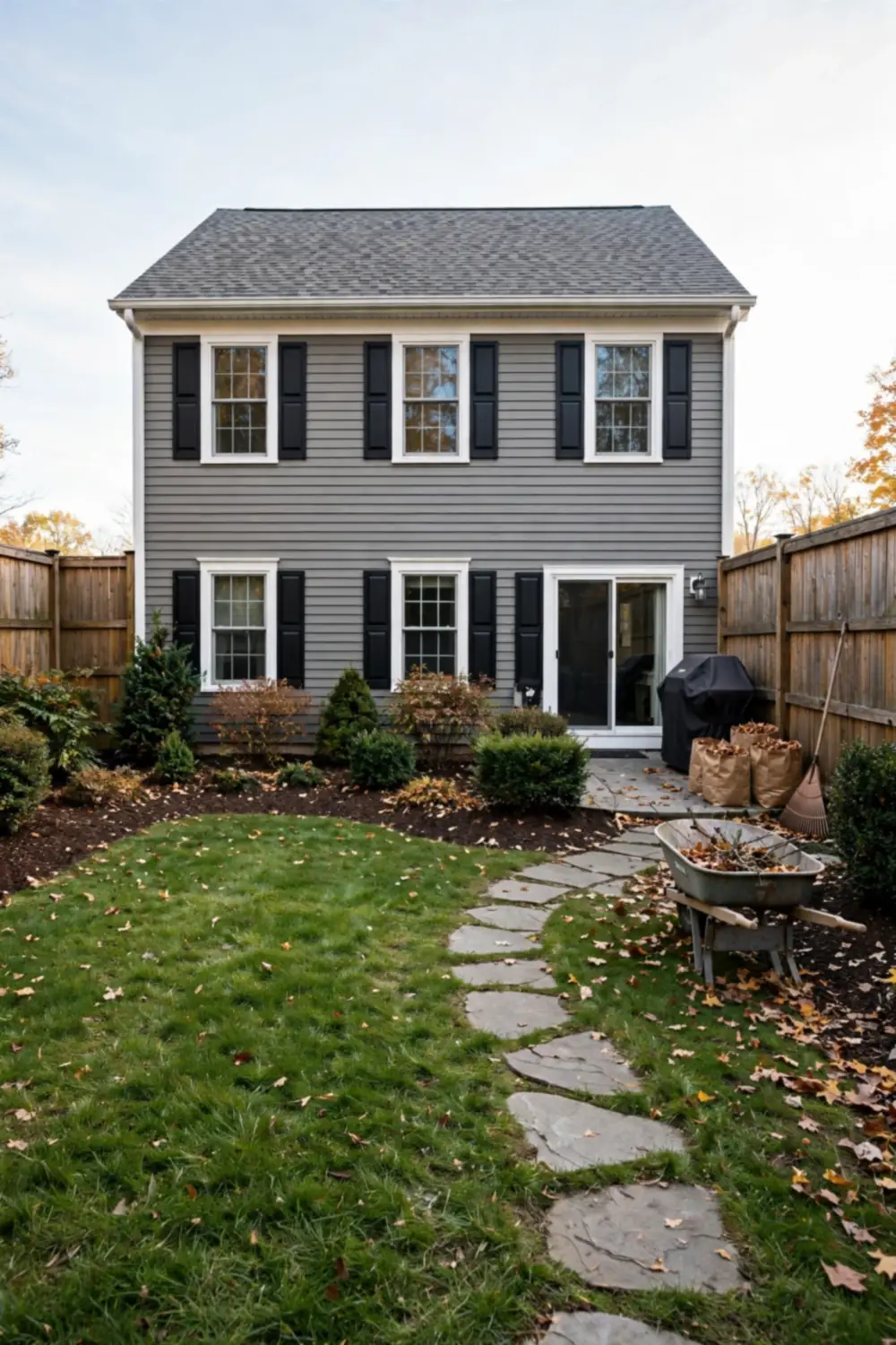 Tidy suburban backyard in fall with mulched garden beds, raked lawn, and bagged leaves