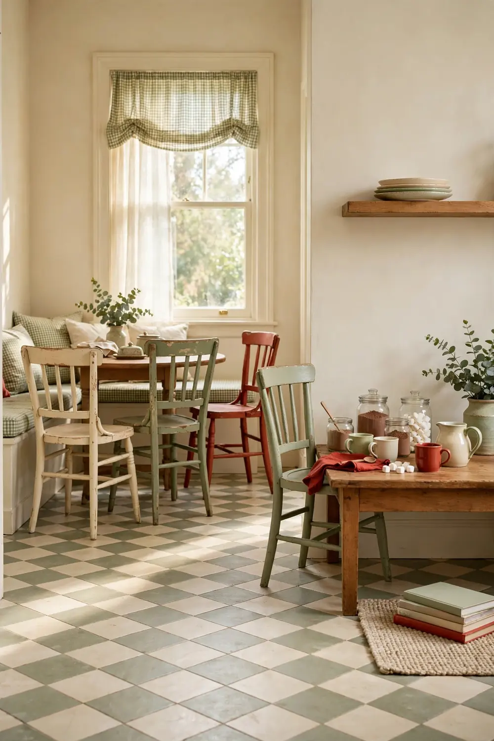Family hot cocoa corner in a colorful vintage breakfast nook with a low table, cocoa jars, marshmallows, small mugs, painted chairs, and red accents.