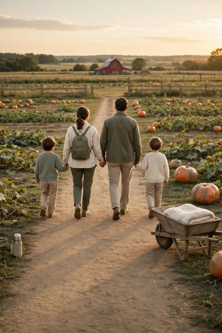 Family walking through a pumpkin patch at golden hour with a red barn behind them