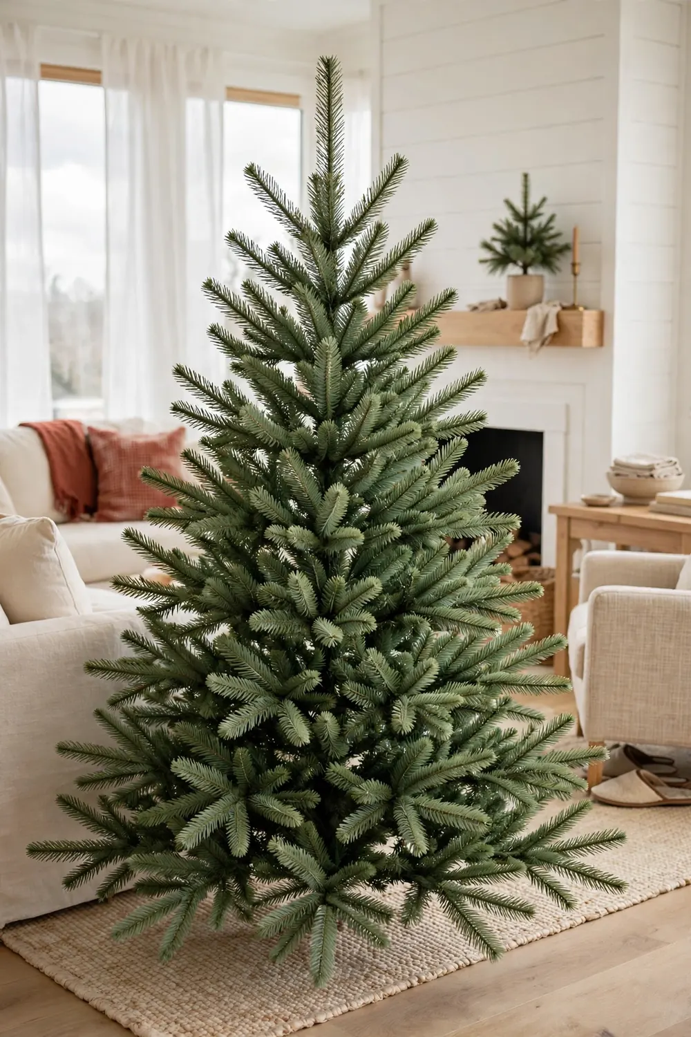 Close view of artificial Christmas tree branch tips fanned apart and bent upward at an angle