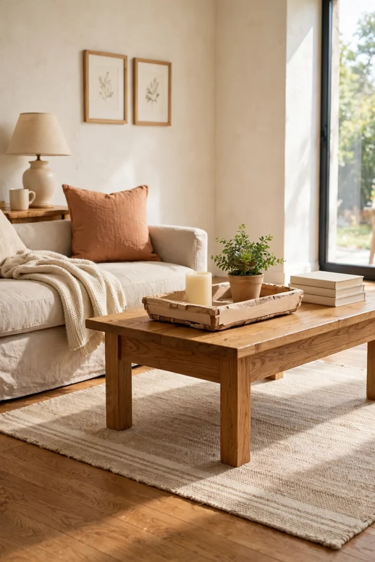 Bright farmhouse living room with a large styled wood tray on a coffee table holding a candle, small plant, and stacked books