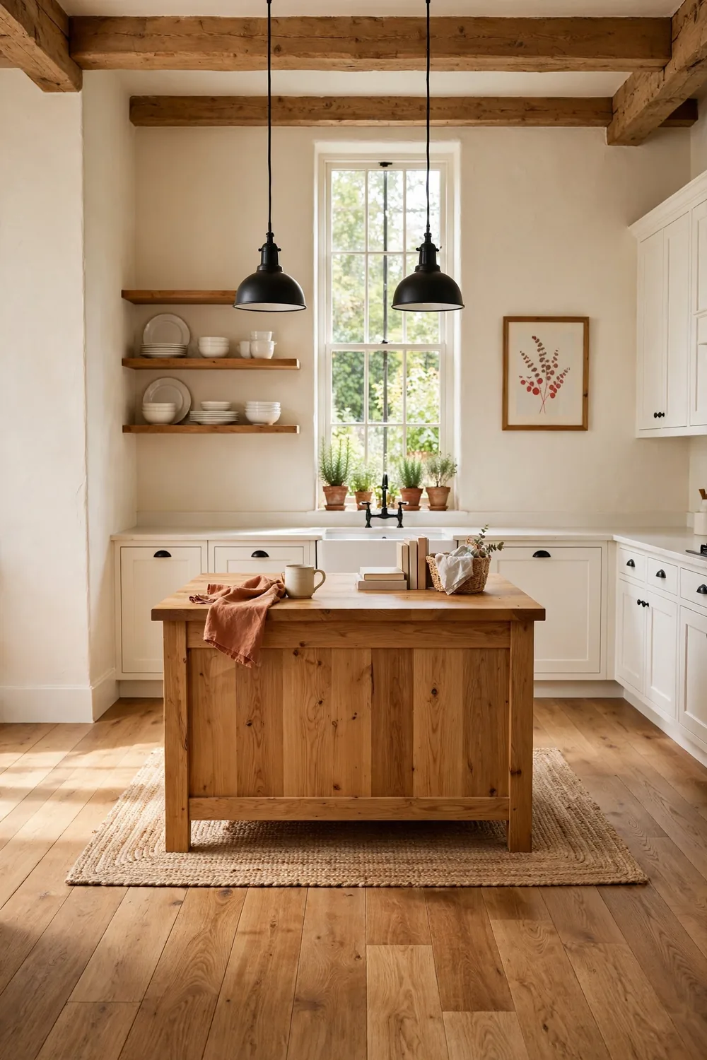 Bright farmhouse kitchen with white cabinets, oak floors, apron sink, wood beams, and a tall garden window