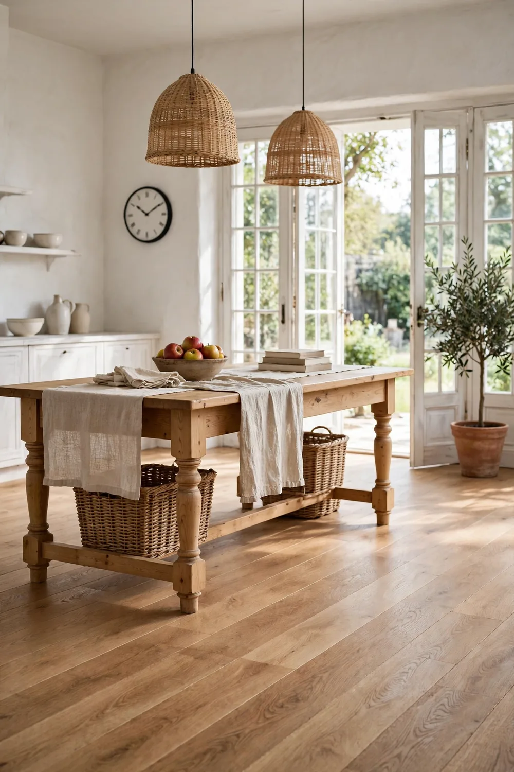 Airy farmhouse kitchen with a long pine table as an island, whitewashed walls, oak floors, and glass French doors