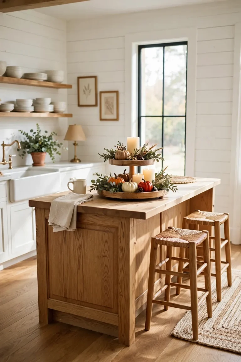 Two-tier wooden tray with pumpkins and candles on a white farmhouse kitchen island