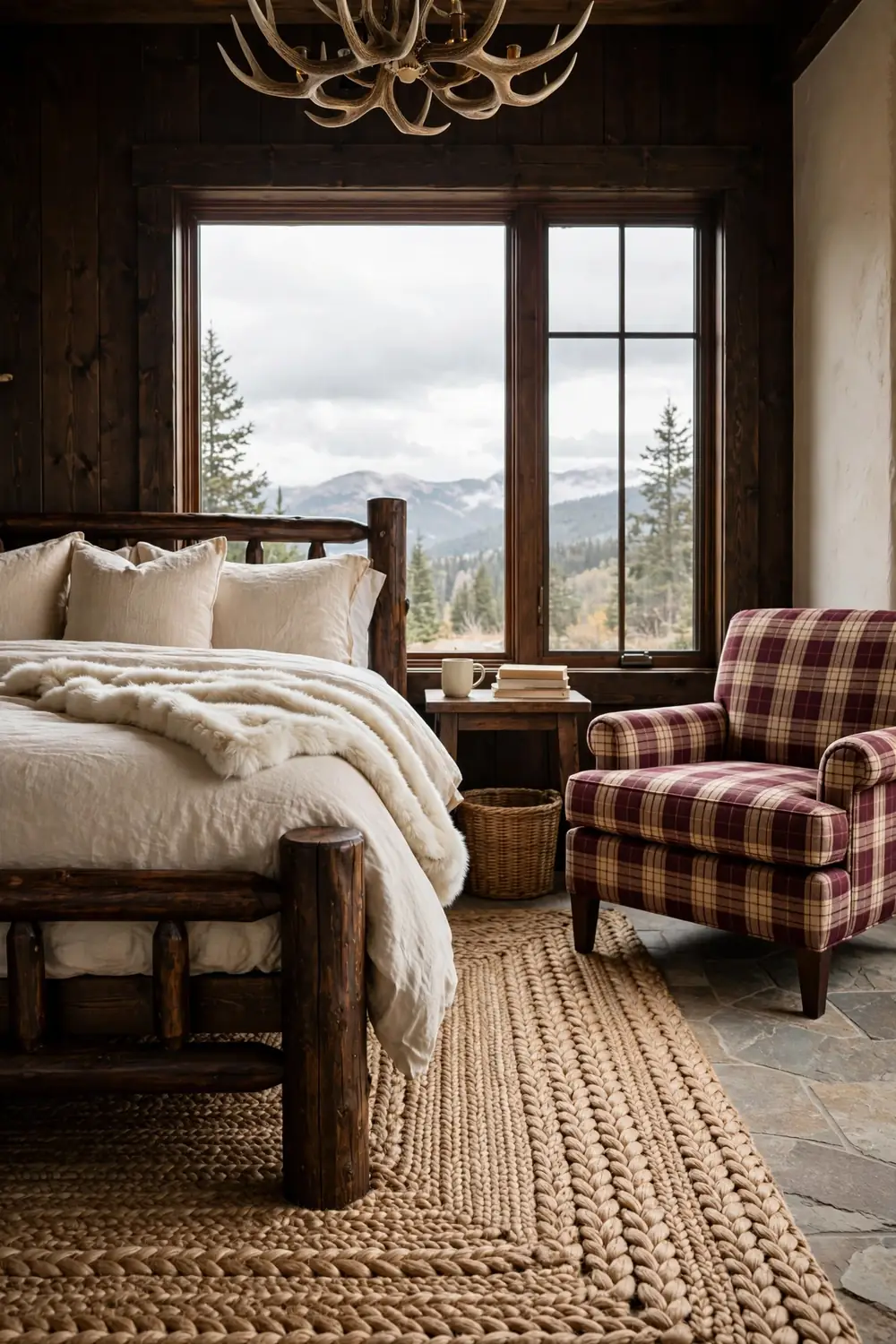 Cream faux fur throw tossed diagonally across the corner of a lodge bed