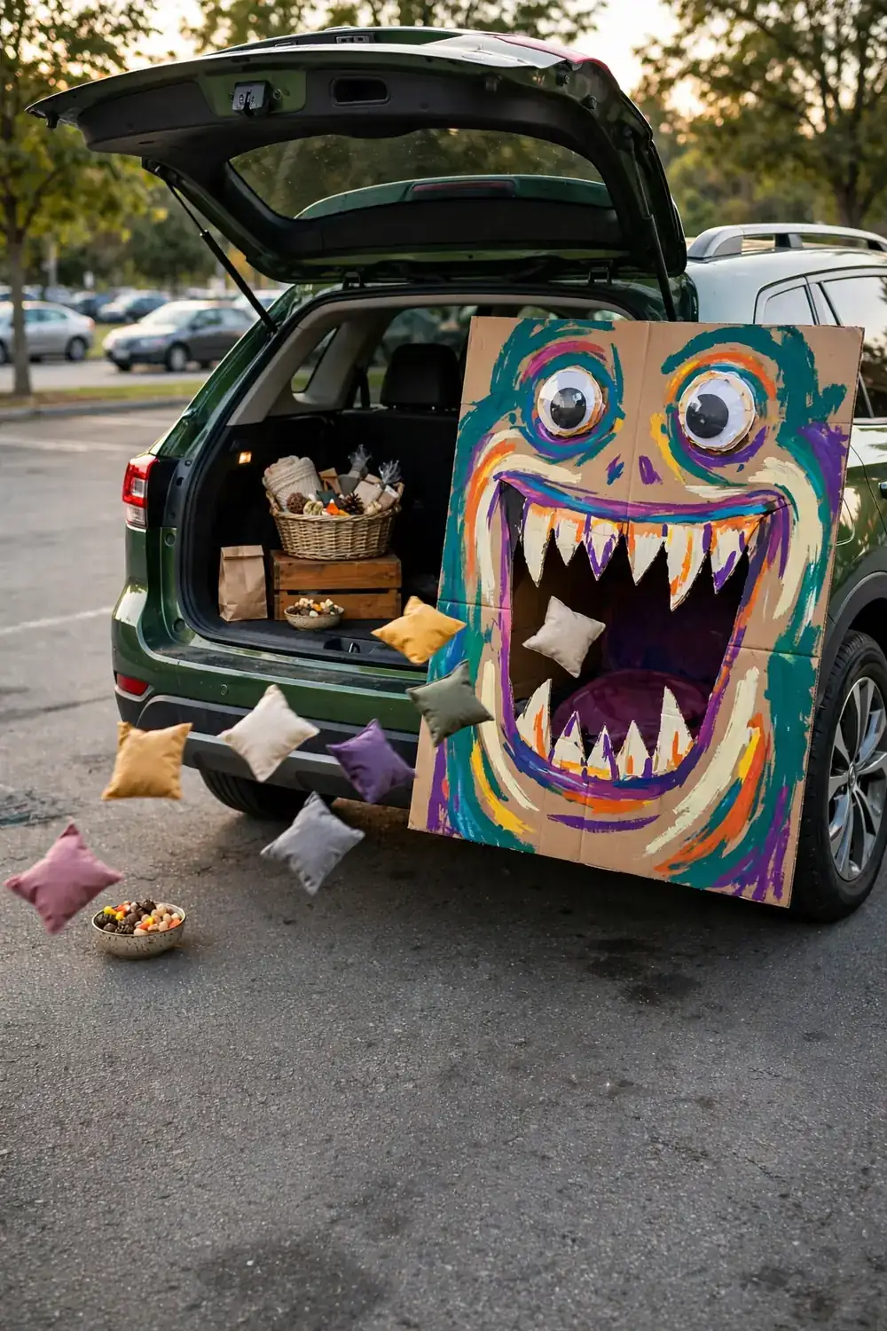 A green SUV trunk with a big silly cardboard monster face and bean bags flying toward its open mouth