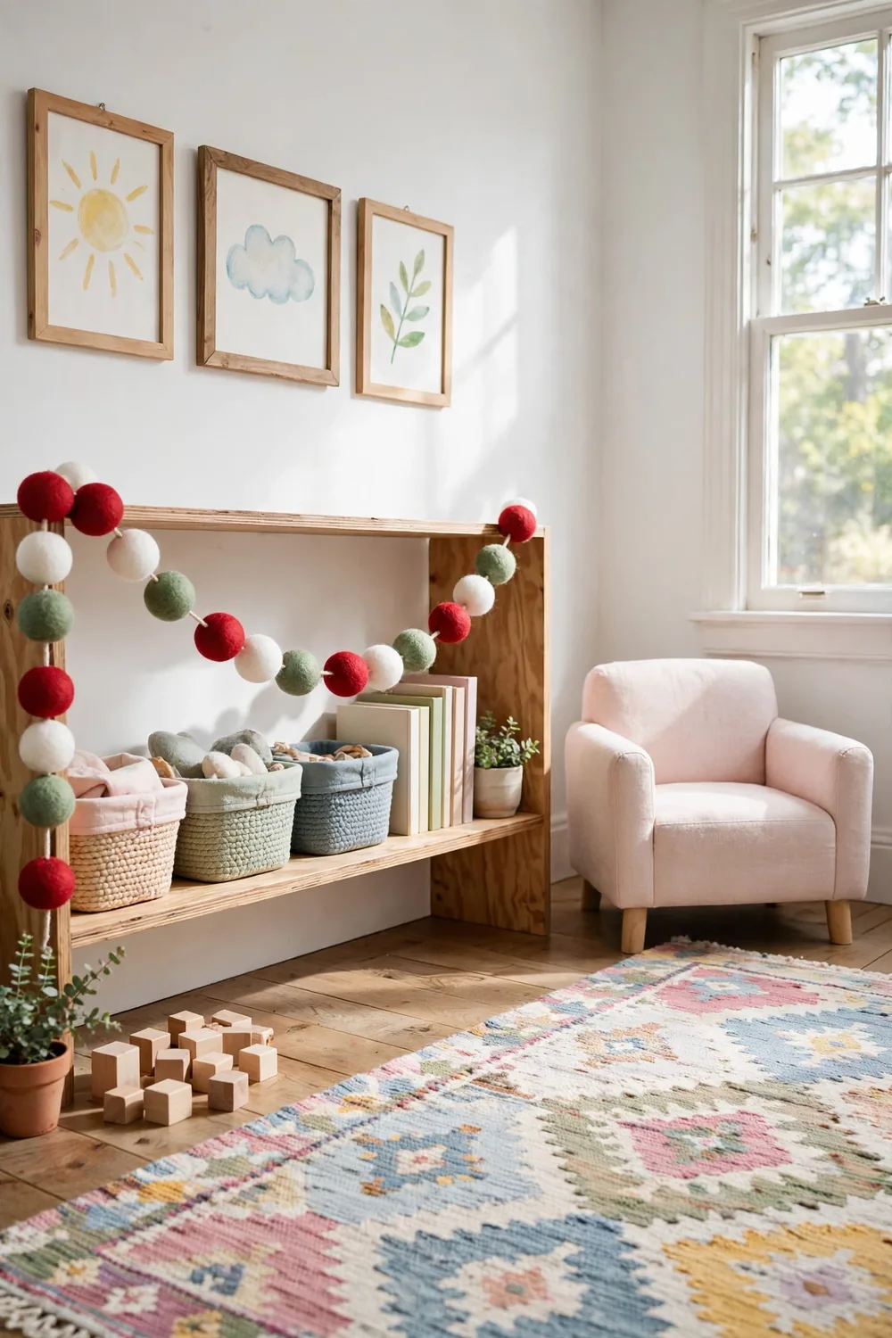 Felt ball garland in red, white, and green draped over a low wooden shelf in a bright kids playroom