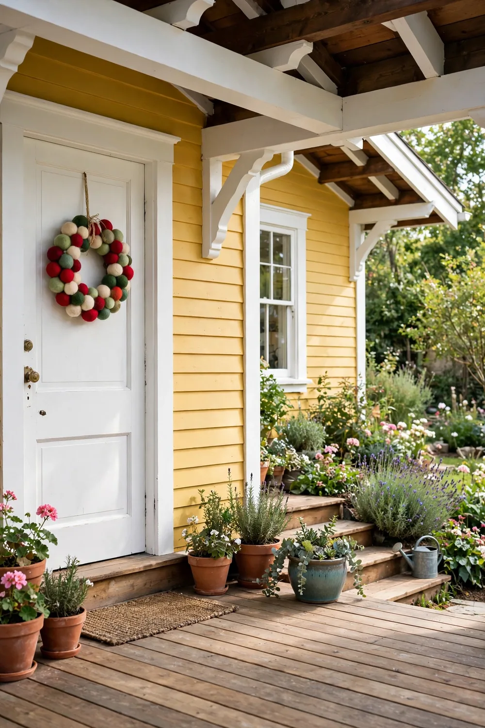 A wreath made of colorful wool felt balls in red, green, and cream on a white bungalow door