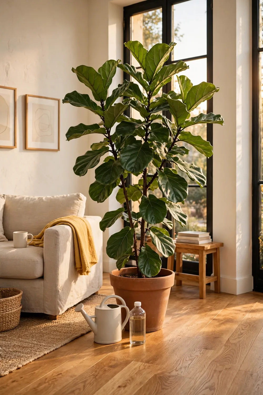 Plain bottle of liquid fertilizer beside a watering can next to a fiddle leaf fig tree in a terracotta pot at golden hour