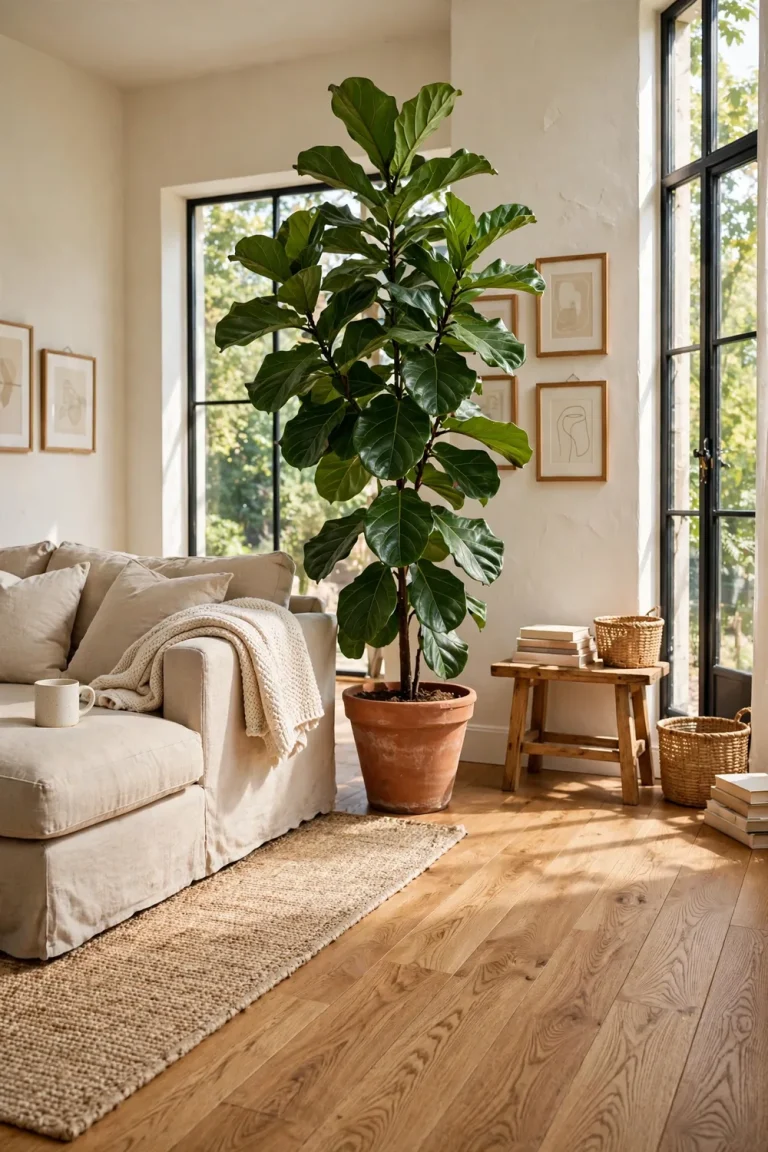Tall fiddle leaf fig tree in a terracotta pot standing in a bright living room with cream walls and a large sunlit window