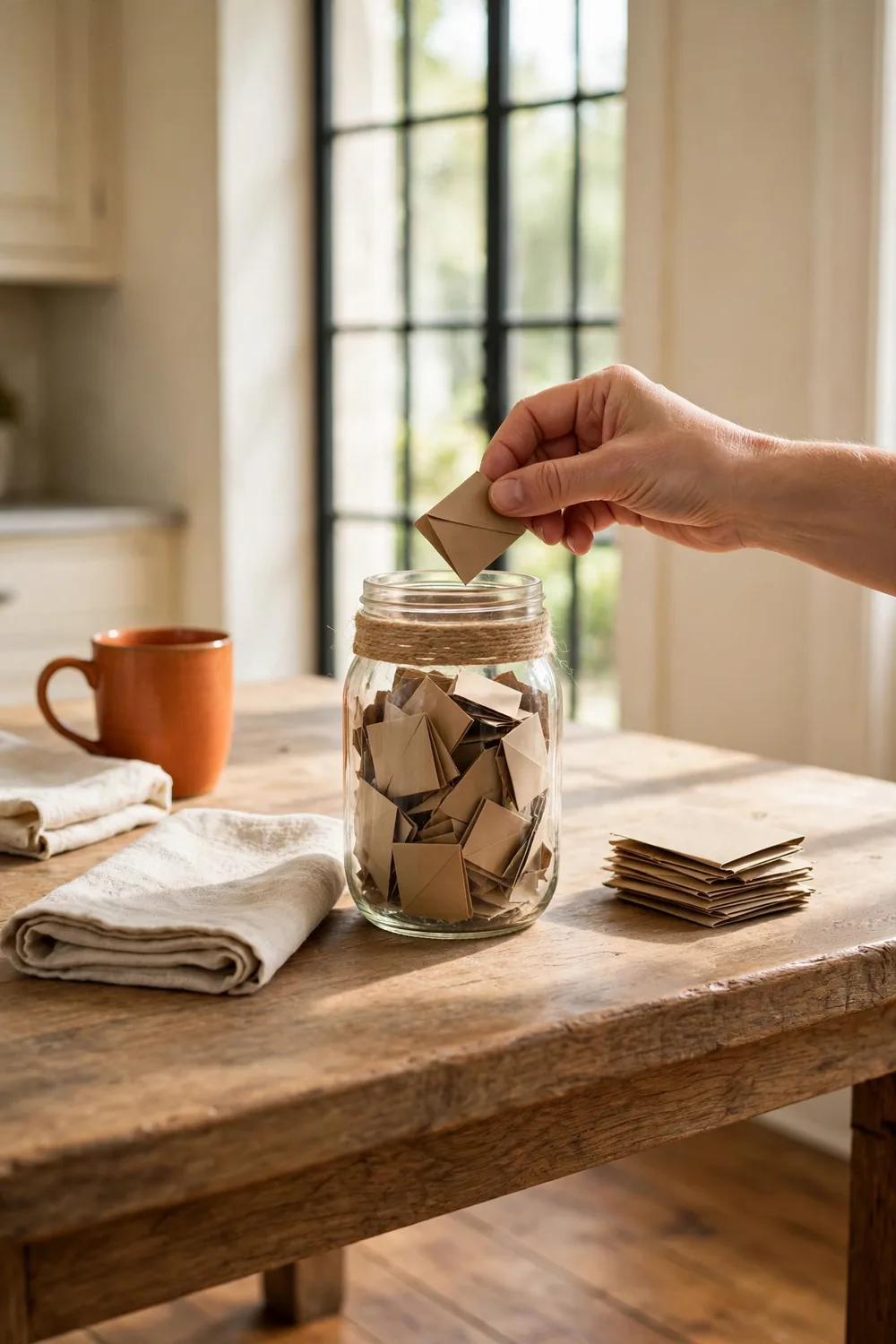 Hand placing folded kraft paper slips into a twine-wrapped mason jar on a farmhouse craft table
