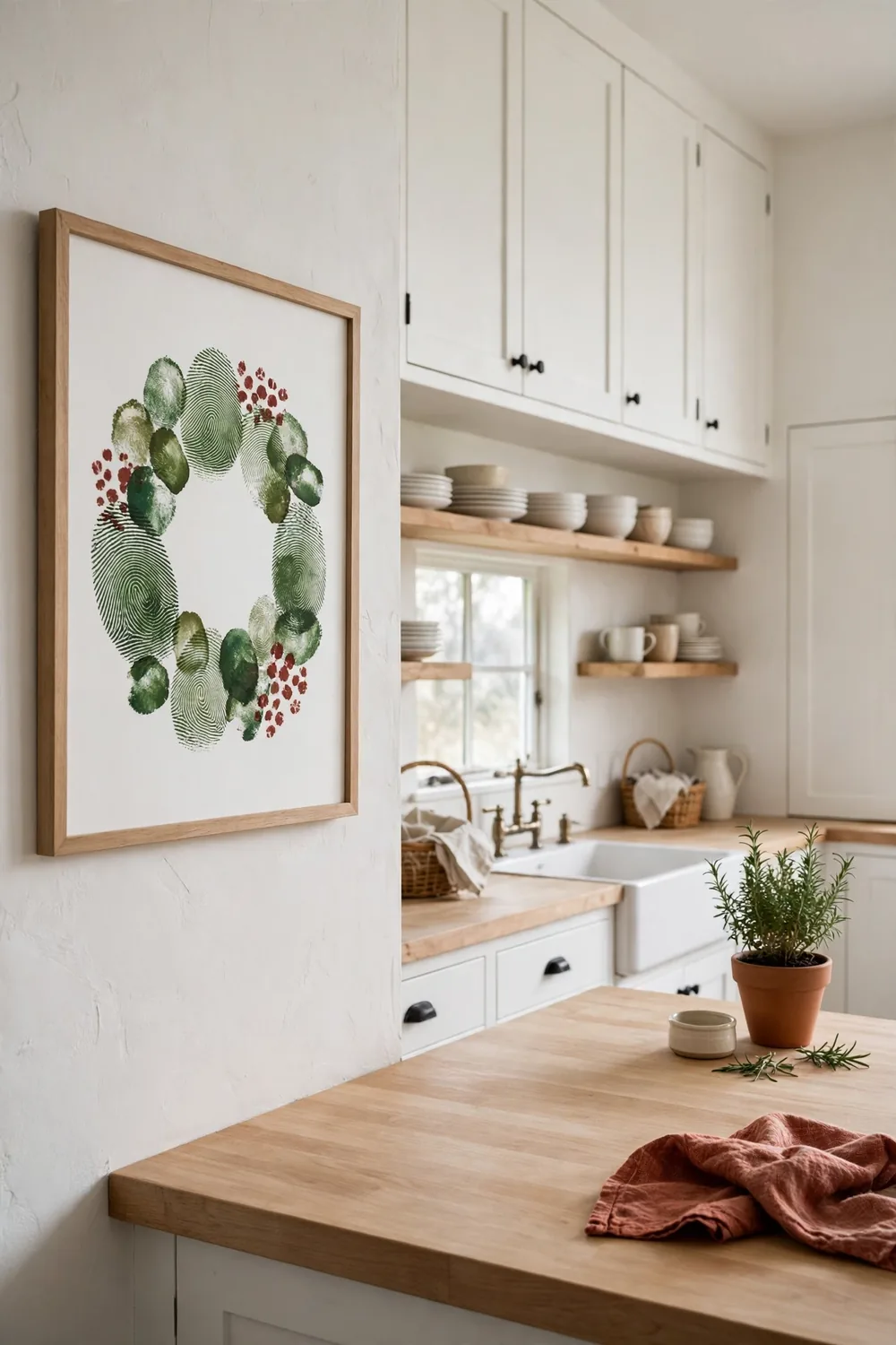 Fingerprint holly wreath artwork with green prints and red berries on a kitchen wall