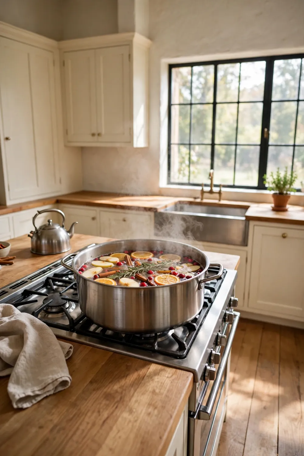 Finished fall simmer pot steaming on a stove in a cozy farmhouse kitchen with autumn light
